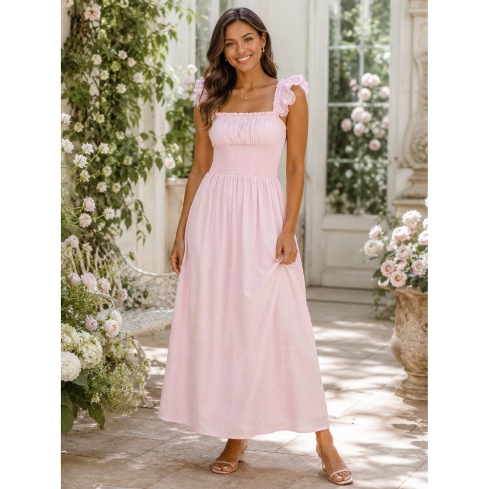 NWT Amy Jane London Pink 100% Cotton Swiss Dot Smocked Maxi Dress XL Cottagecore